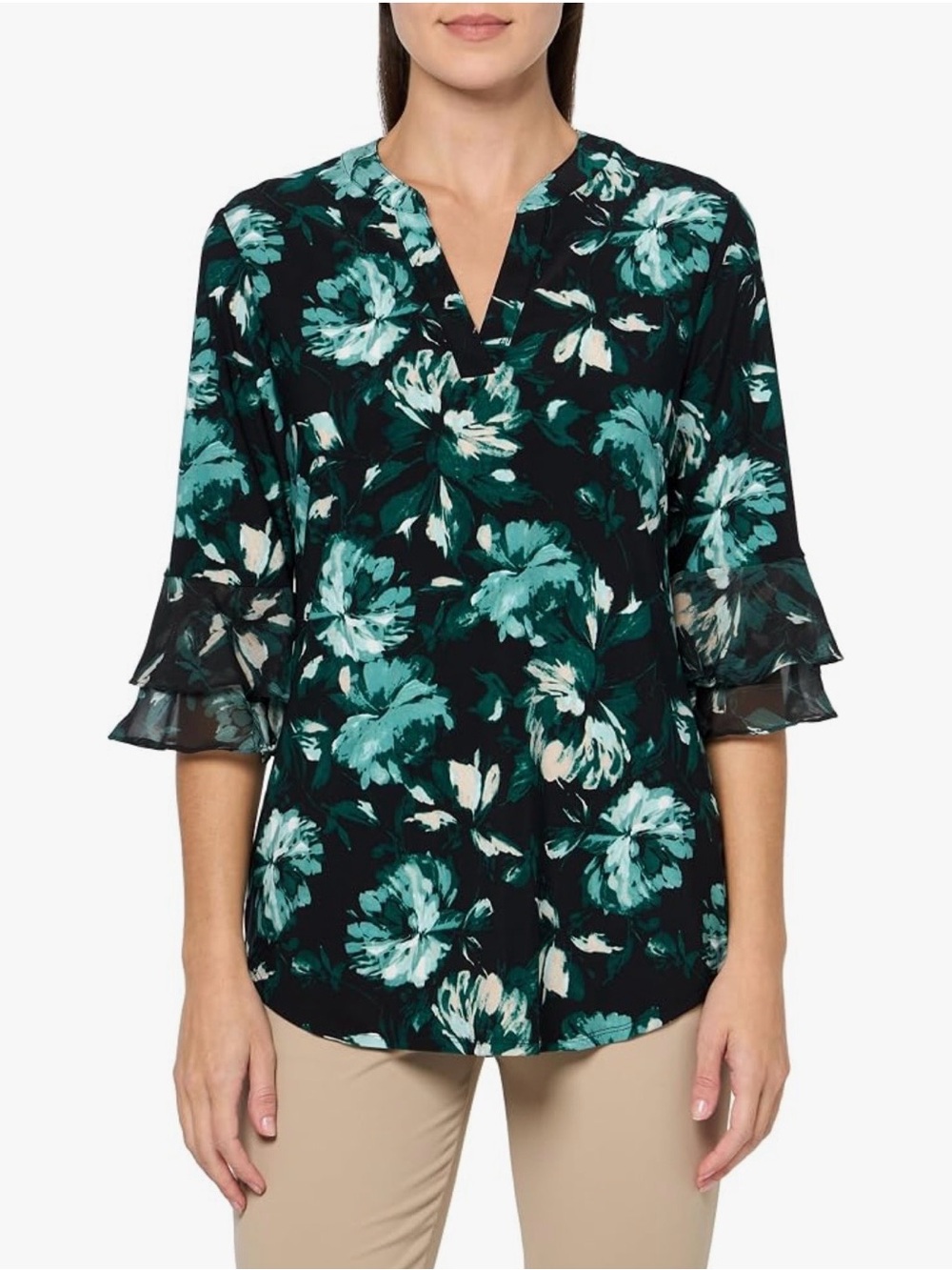 Kasper Forest Green and Black Floral Blouse
